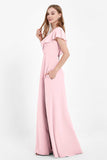Deep V Neck Chiffon Bridesmaid Dress Flutter Sleeves Formal Evening Dresses Gowns with Slit