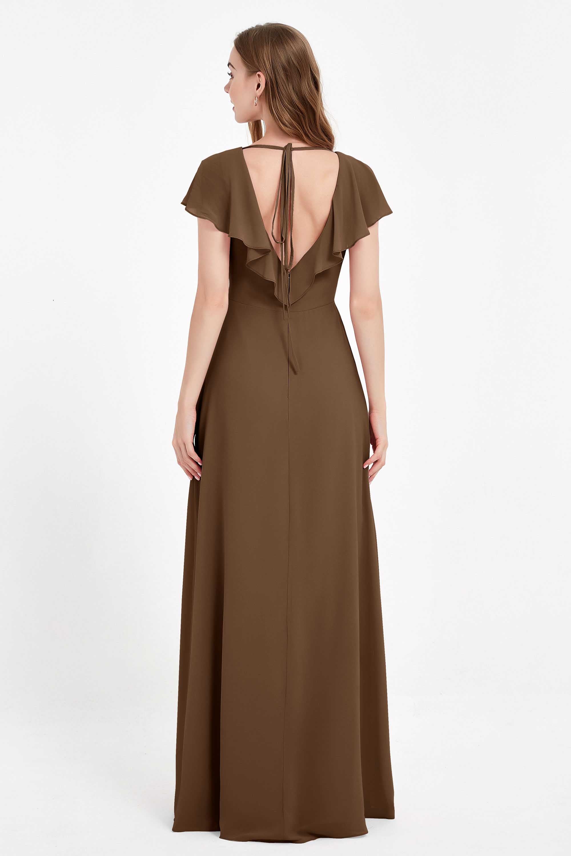 Deep V Neck Chiffon Bridesmaid Dress Flutter Sleeves Formal Evening Dresses Gowns with Slit