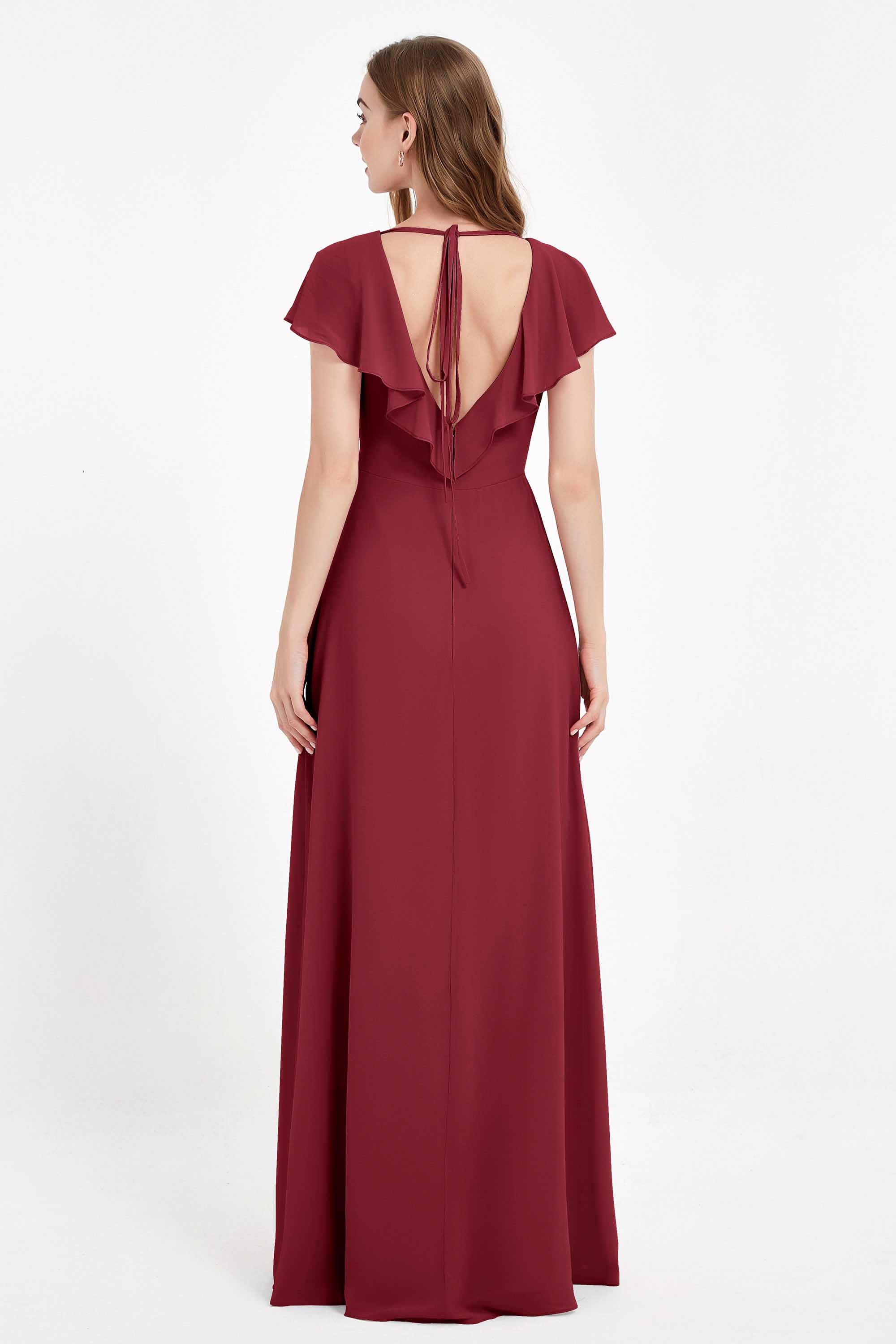 Deep V Neck Chiffon Bridesmaid Dress Flutter Sleeves Formal Evening Dresses Gowns with Slit