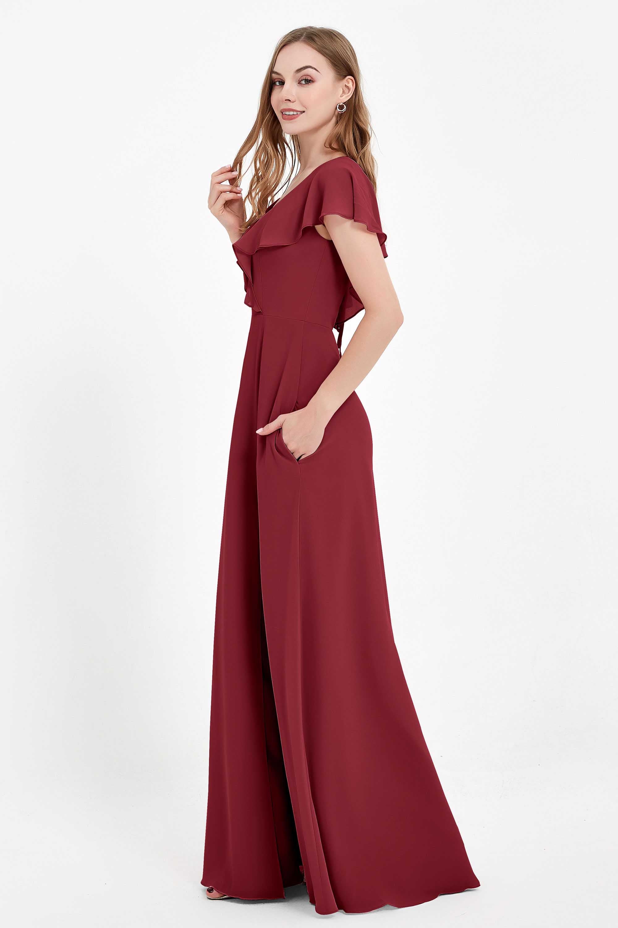 Deep V Neck Chiffon Bridesmaid Dress Flutter Sleeves Formal Evening Dresses Gowns with Slit
