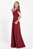 Deep V Neck Chiffon Bridesmaid Dress Flutter Sleeves Formal Evening Dresses Gowns with Slit