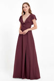 Deep V Neck Chiffon Bridesmaid Dress Flutter Sleeves Formal Evening Dresses Gowns with Slit