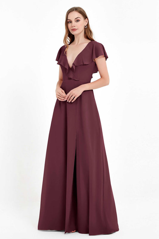 Deep V Neck Chiffon Bridesmaid Dress Flutter Sleeves Formal Evening Dresses Gowns with Slit