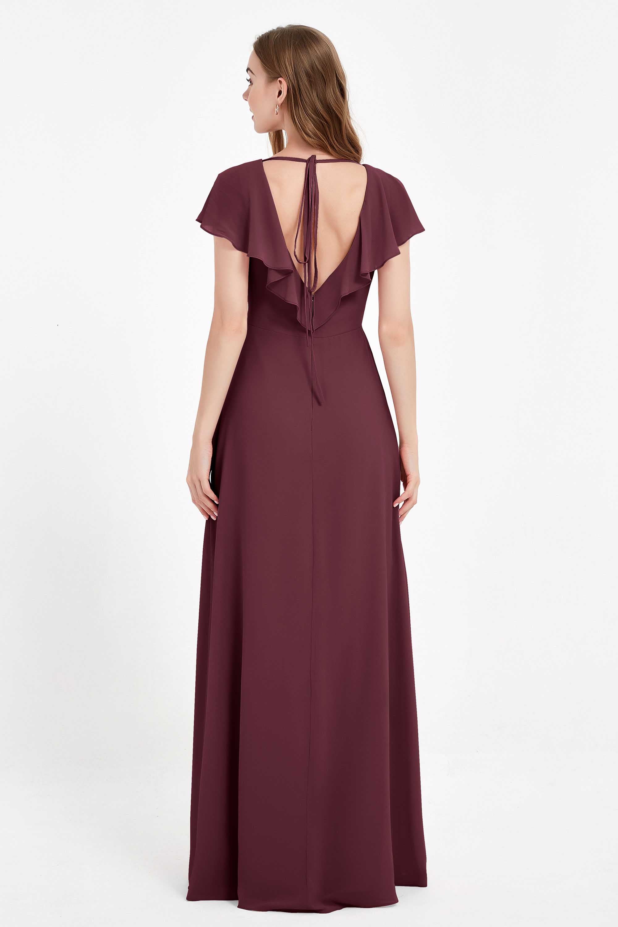 Deep V Neck Chiffon Bridesmaid Dress Flutter Sleeves Formal Evening Dresses Gowns with Slit