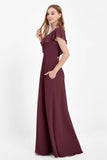Deep V Neck Chiffon Bridesmaid Dress Flutter Sleeves Formal Evening Dresses Gowns with Slit