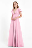 Deep V Neck Chiffon Bridesmaid Dress Flutter Sleeves Formal Evening Dresses Gowns with Slit