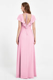 Deep V Neck Chiffon Bridesmaid Dress Flutter Sleeves Formal Evening Dresses Gowns with Slit