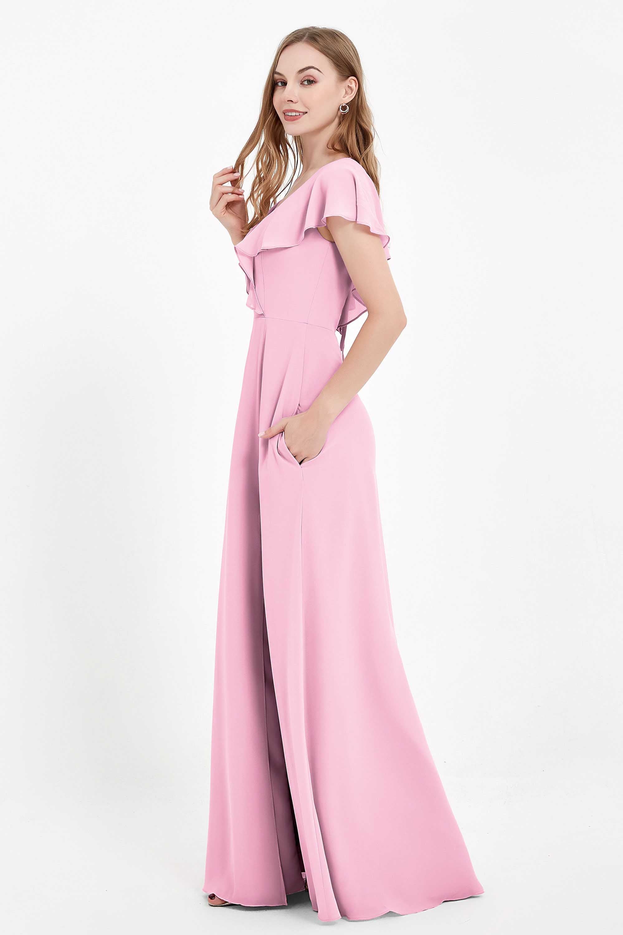 Deep V Neck Chiffon Bridesmaid Dress Flutter Sleeves Formal Evening Dresses Gowns with Slit