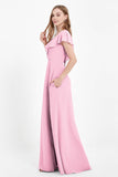 Deep V Neck Chiffon Bridesmaid Dress Flutter Sleeves Formal Evening Dresses Gowns with Slit