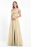 Deep V Neck Chiffon Bridesmaid Dress Flutter Sleeves Formal Evening Dresses Gowns with Slit