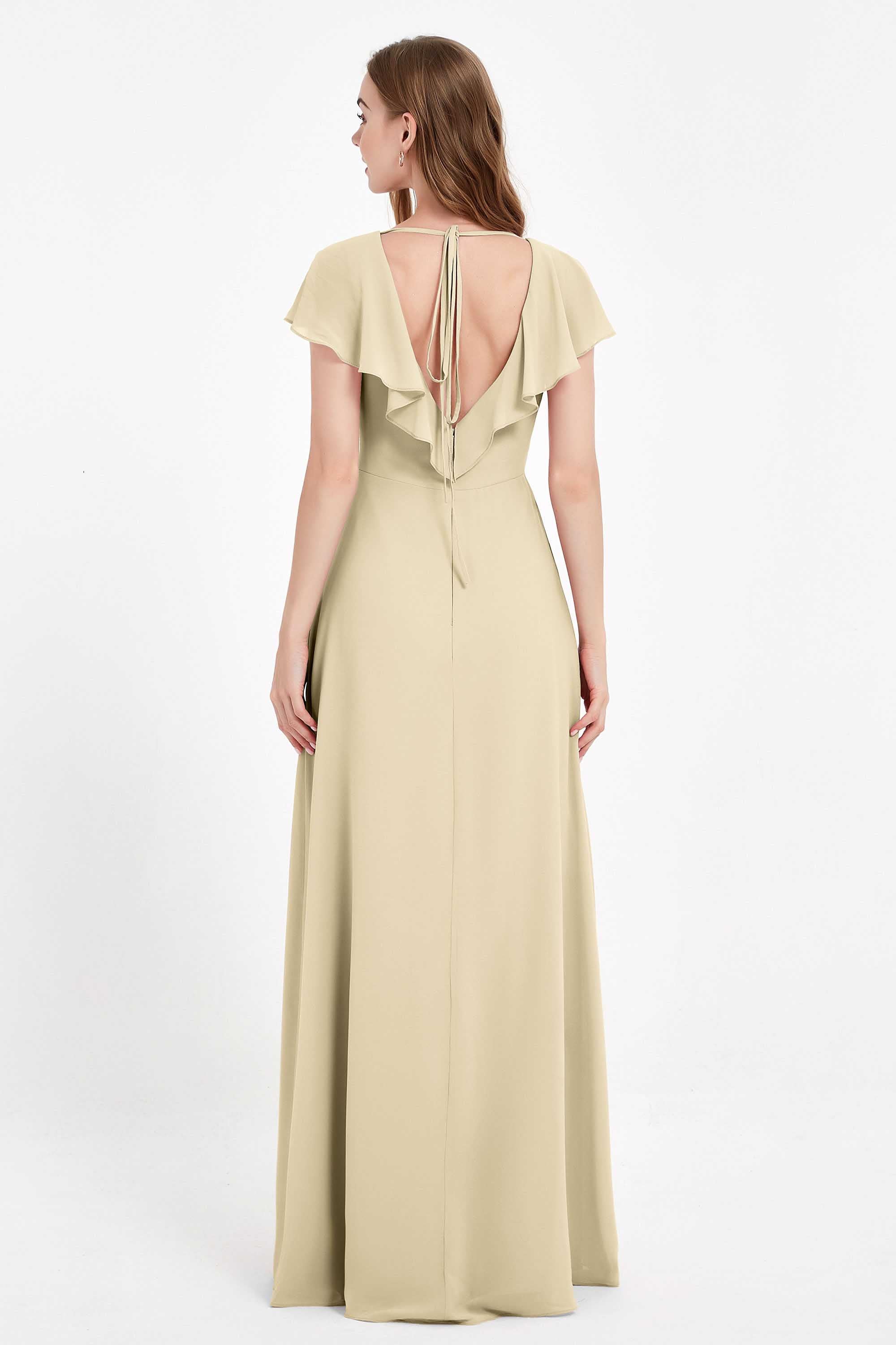 Deep V Neck Chiffon Bridesmaid Dress Flutter Sleeves Formal Evening Dresses Gowns with Slit