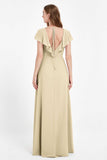 Deep V Neck Chiffon Bridesmaid Dress Flutter Sleeves Formal Evening Dresses Gowns with Slit