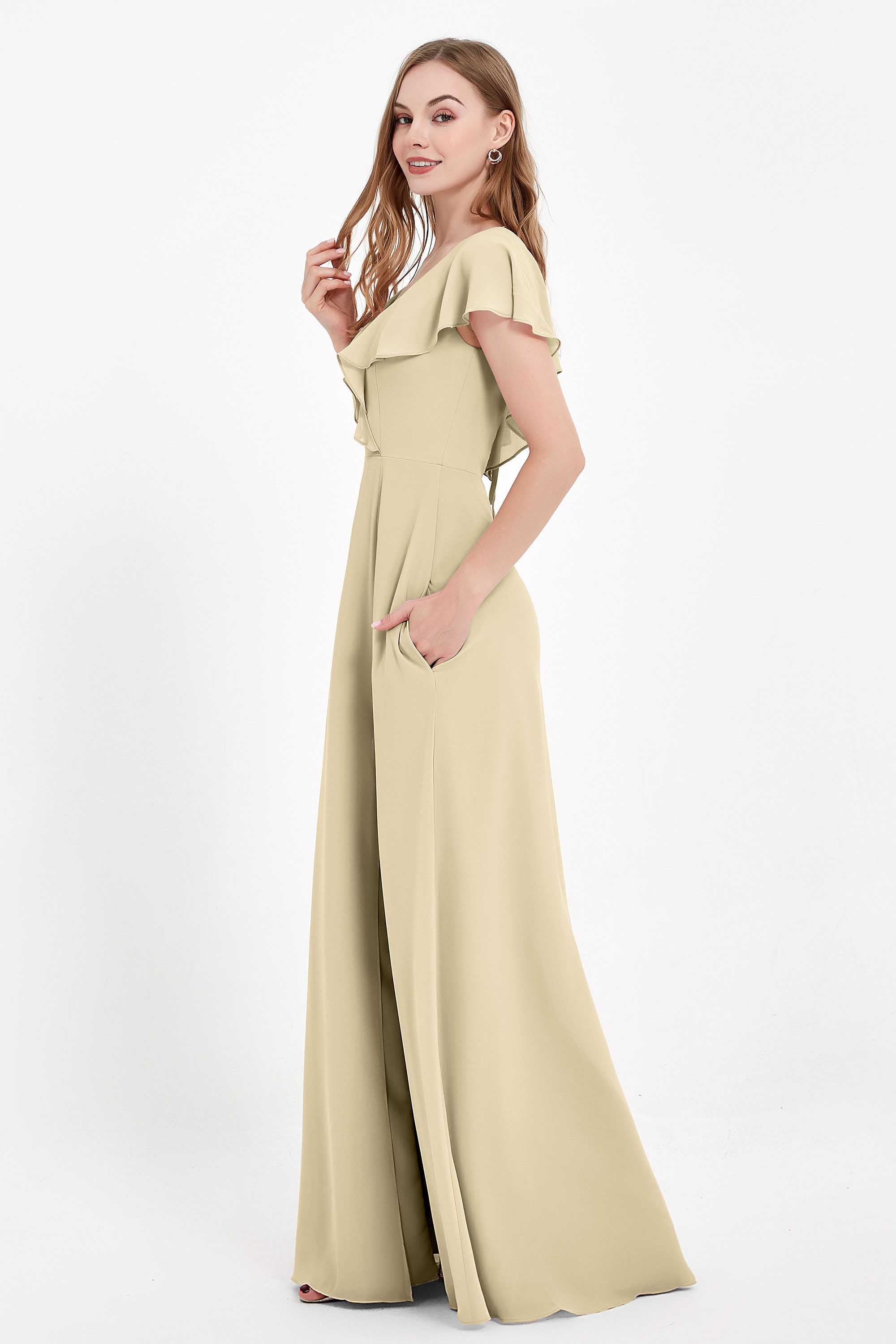 Deep V Neck Chiffon Bridesmaid Dress Flutter Sleeves Formal Evening Dresses Gowns with Slit