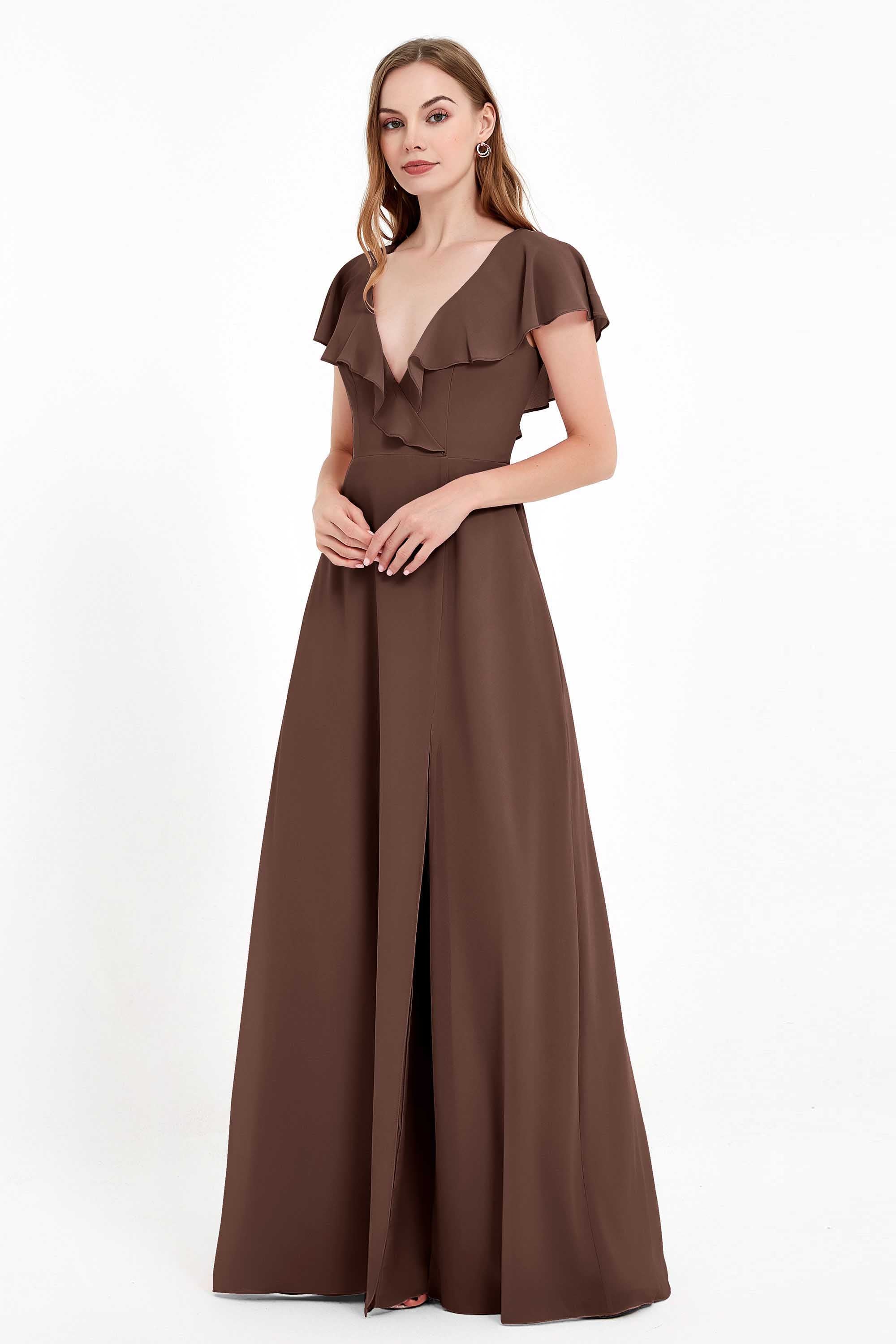 Deep V Neck Chiffon Bridesmaid Dress Flutter Sleeves Formal Evening Dresses Gowns with Slit
