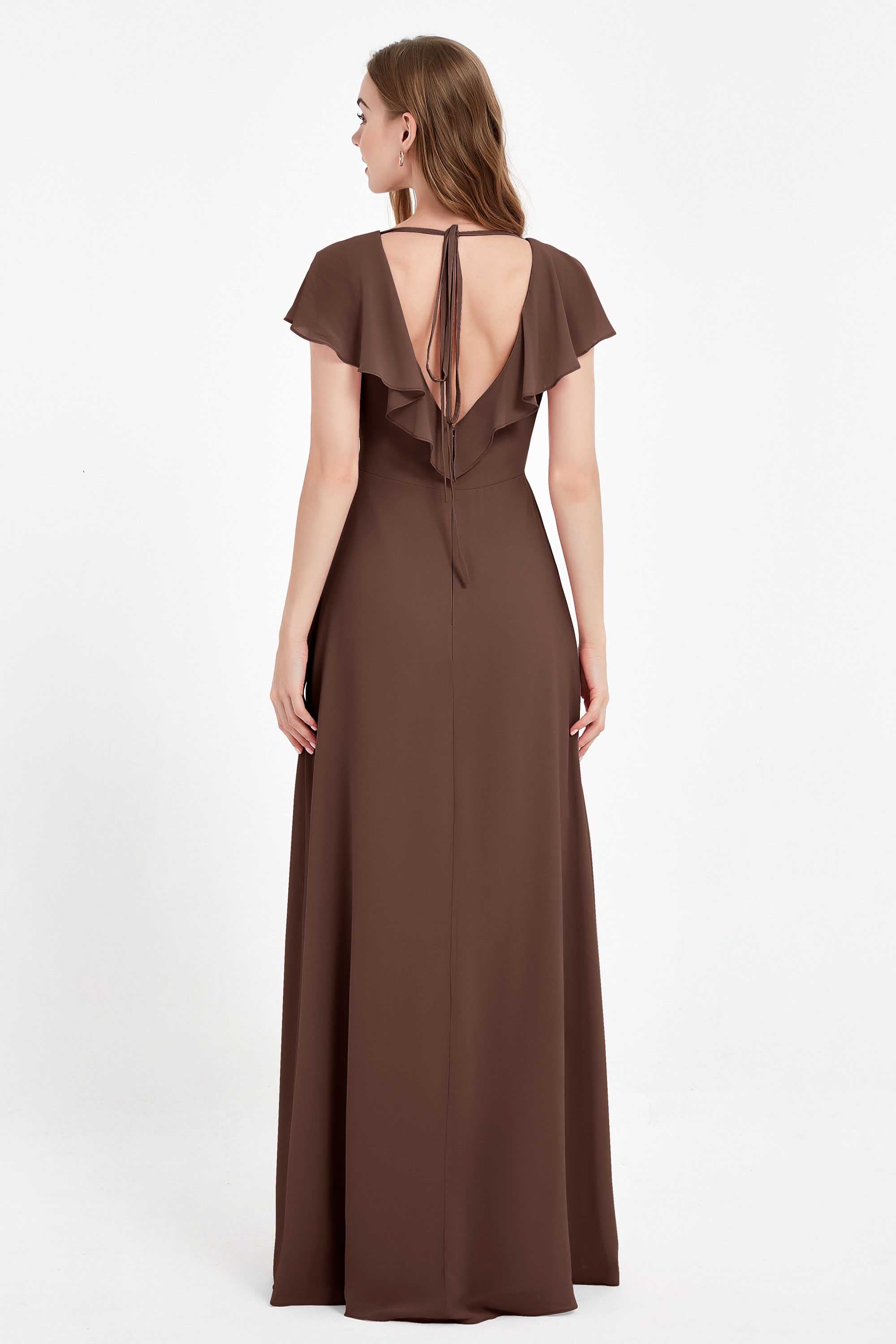 Deep V Neck Chiffon Bridesmaid Dress Flutter Sleeves Formal Evening Dresses Gowns with Slit