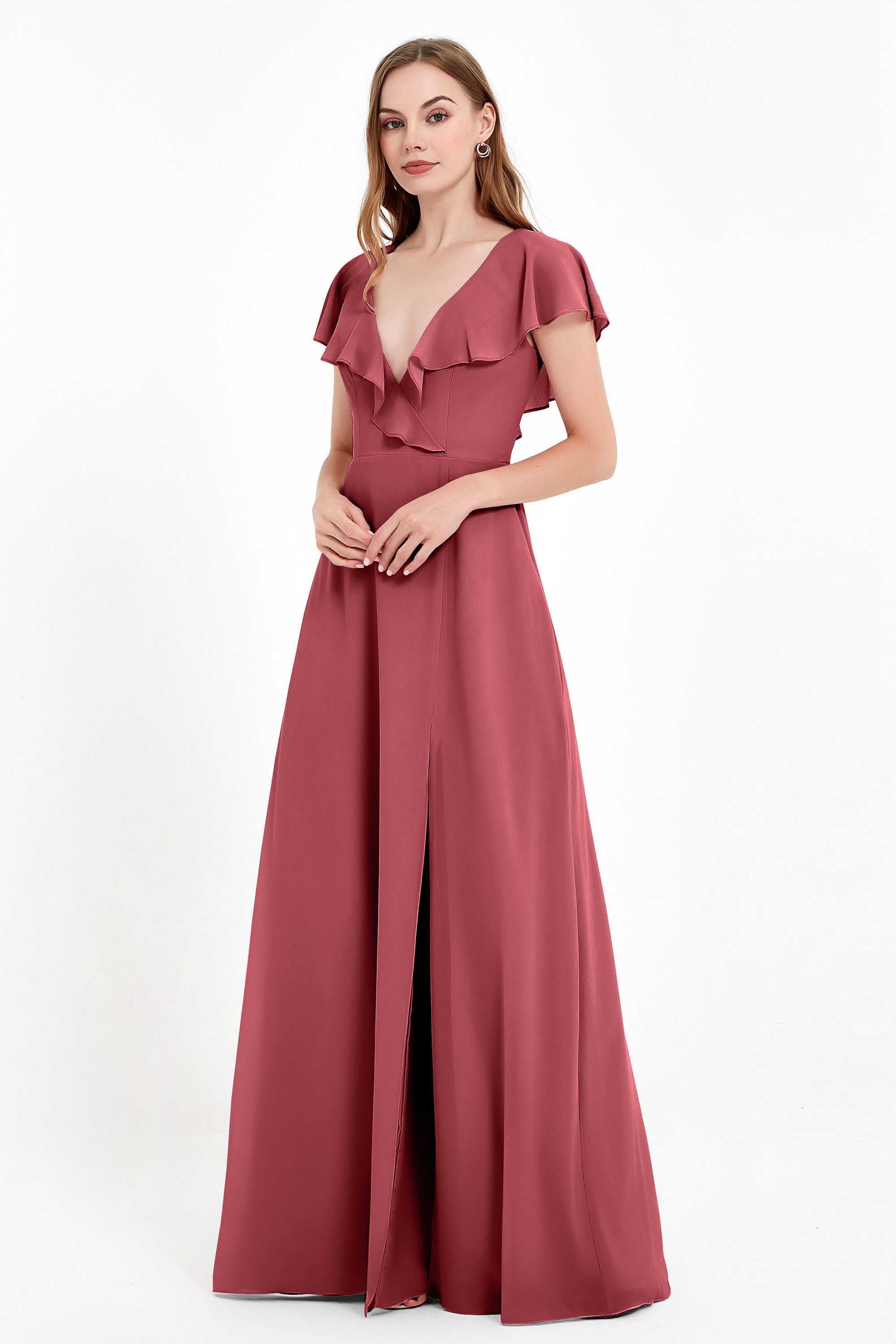 Deep V Neck Chiffon Bridesmaid Dress Flutter Sleeves Formal Evening Dresses Gowns with Slit