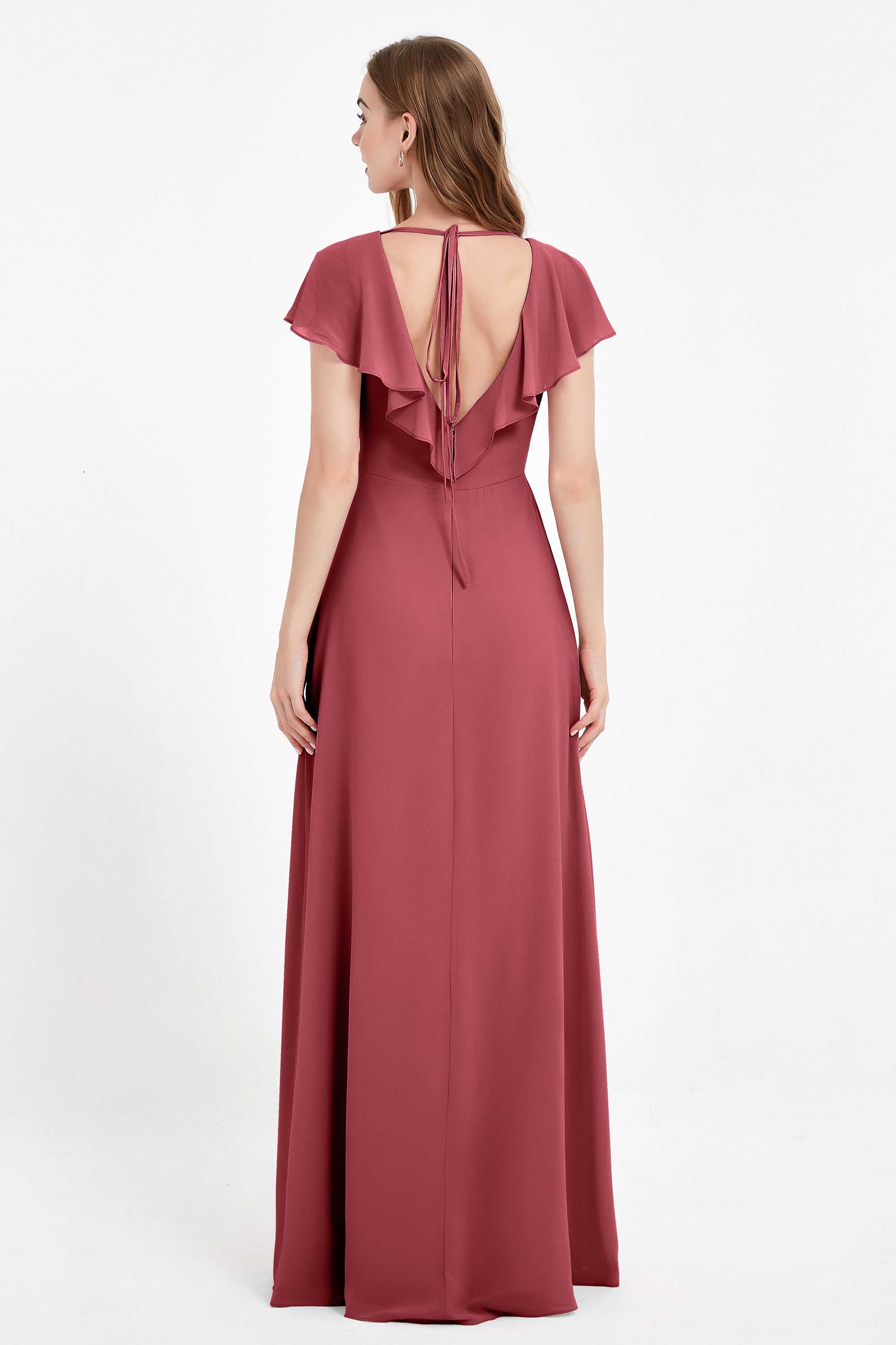 Deep V Neck Chiffon Bridesmaid Dress Flutter Sleeves Formal Evening Dresses Gowns with Slit