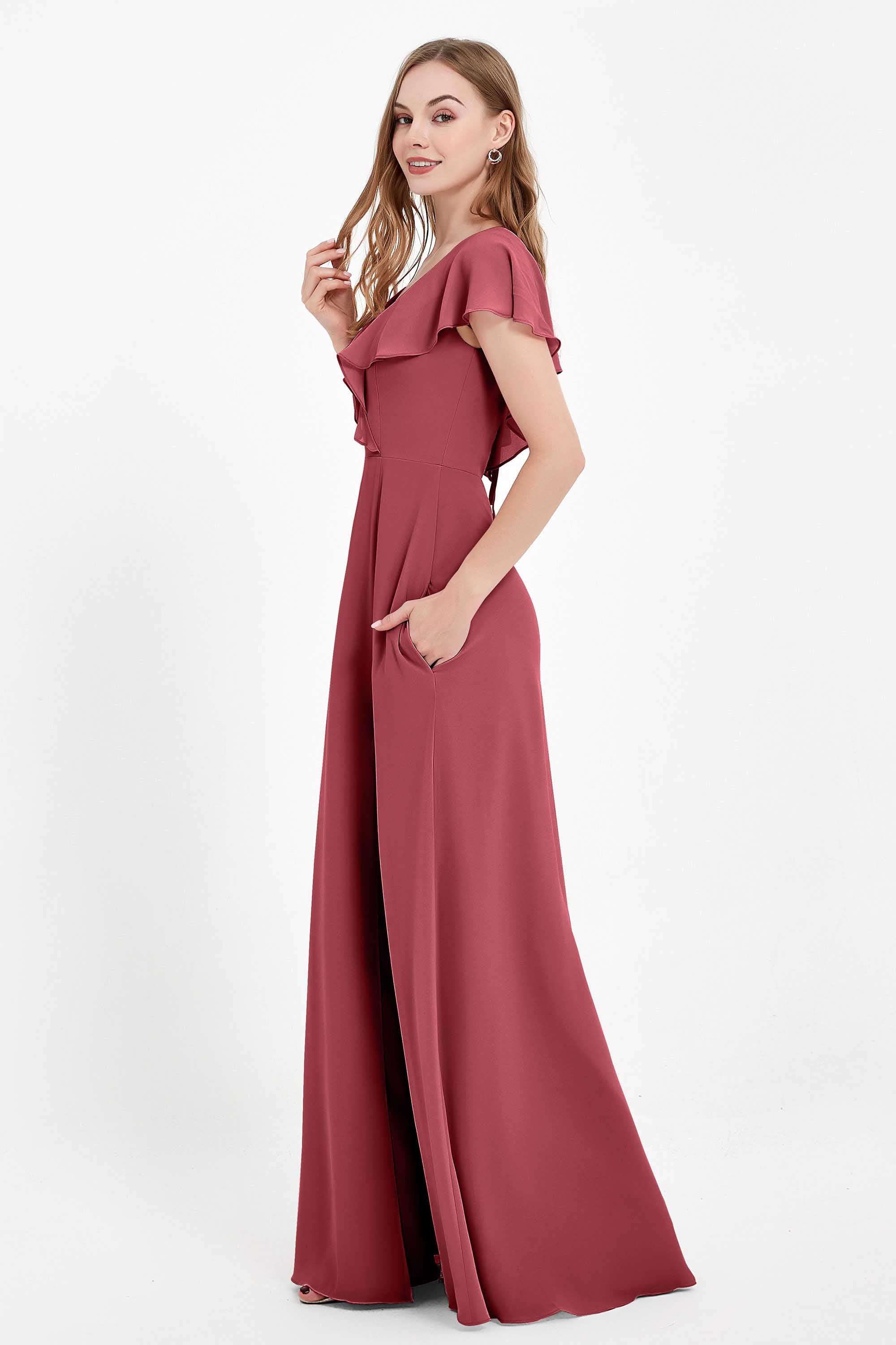 Deep V Neck Chiffon Bridesmaid Dress Flutter Sleeves Formal Evening Dresses Gowns with Slit