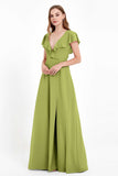 Deep V Neck Chiffon Bridesmaid Dress Flutter Sleeves Formal Evening Dresses Gowns with Slit