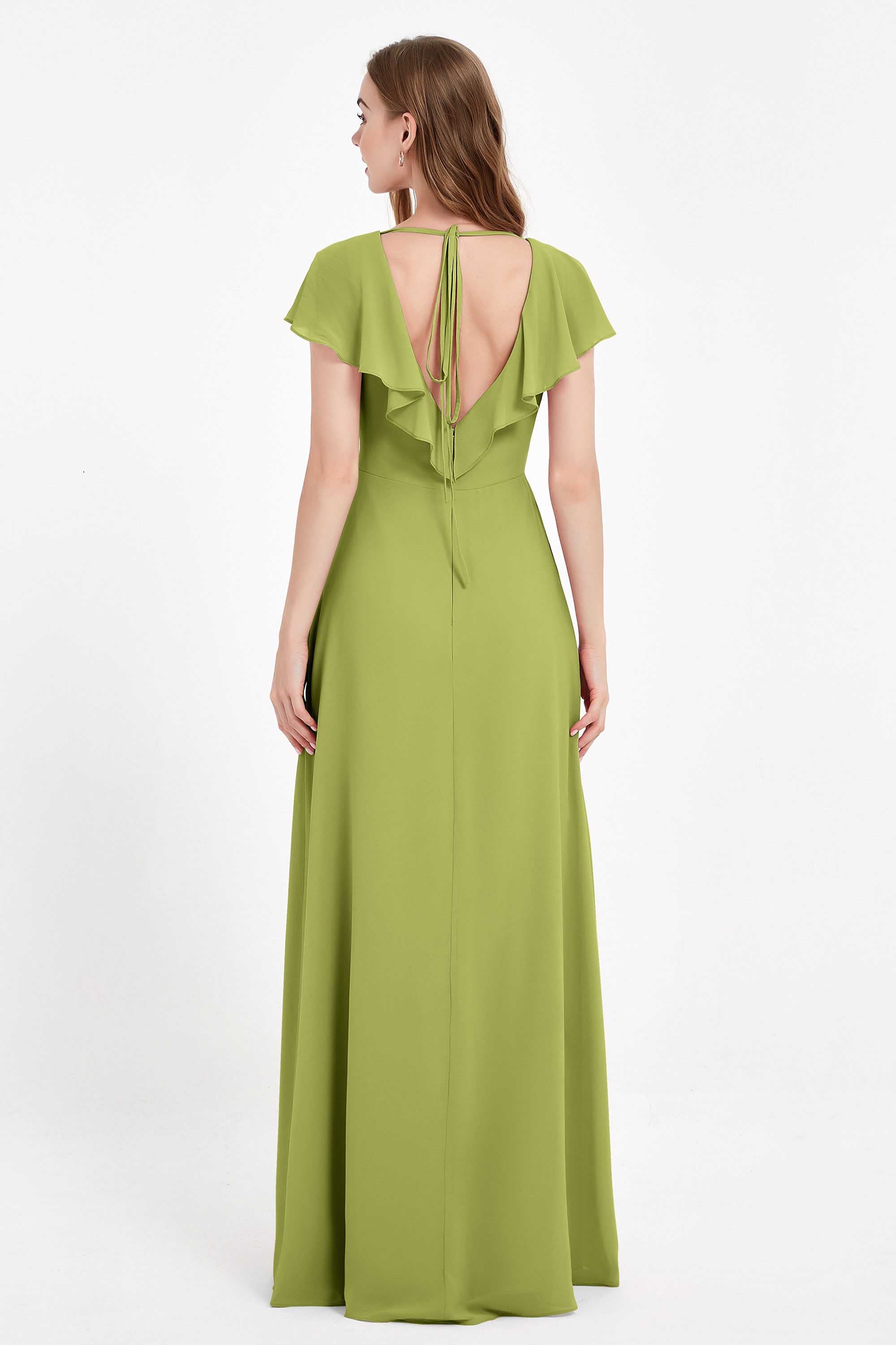 Deep V Neck Chiffon Bridesmaid Dress Flutter Sleeves Formal Evening Dresses Gowns with Slit
