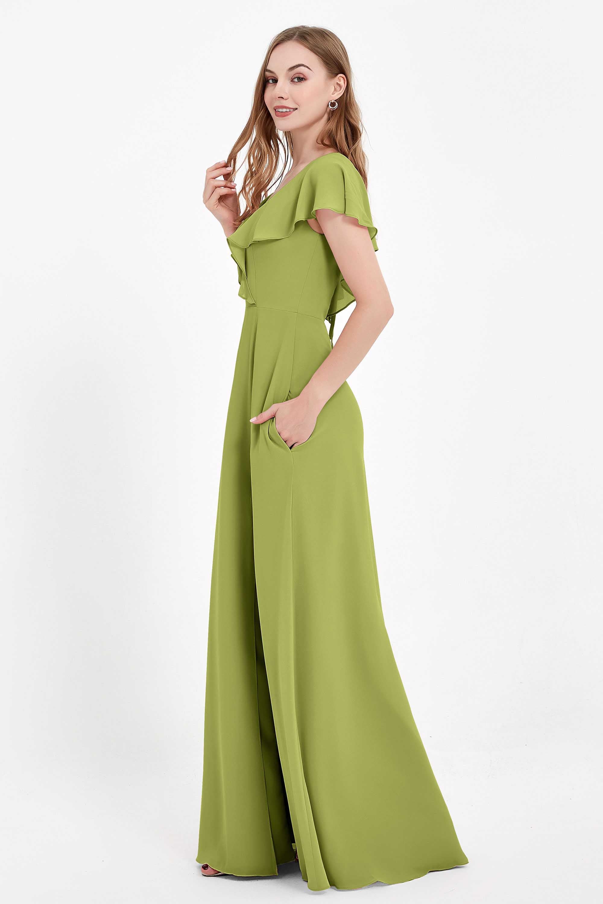 Deep V Neck Chiffon Bridesmaid Dress Flutter Sleeves Formal Evening Dresses Gowns with Slit
