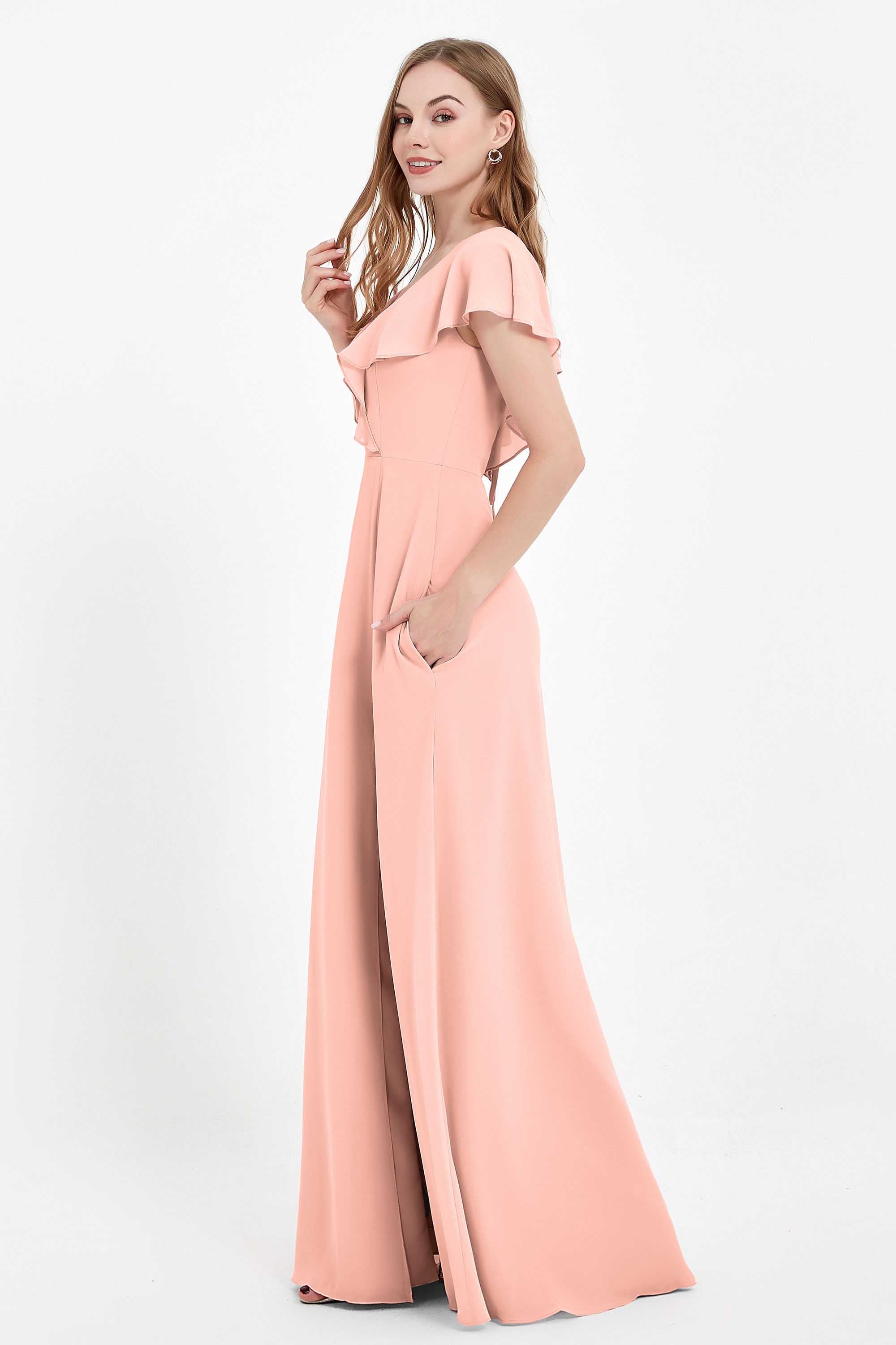 Deep V Neck Chiffon Bridesmaid Dress Flutter Sleeves Formal Evening Dresses Gowns with Slit