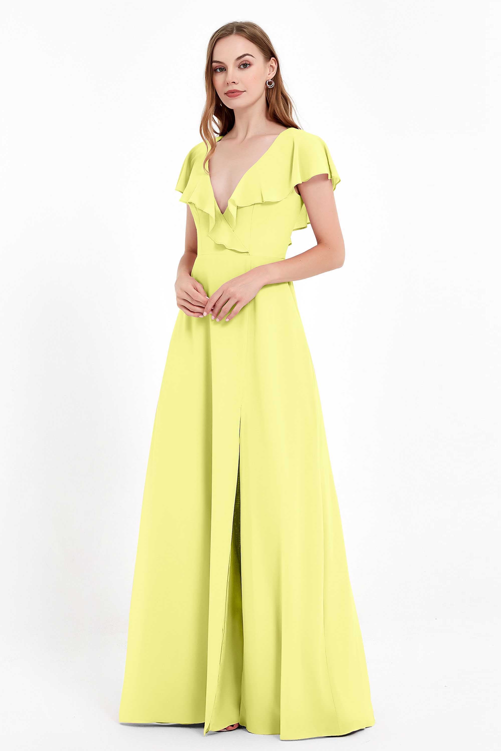 Deep V Neck Chiffon Bridesmaid Dress Flutter Sleeves Formal Evening Dresses Gowns with Slit