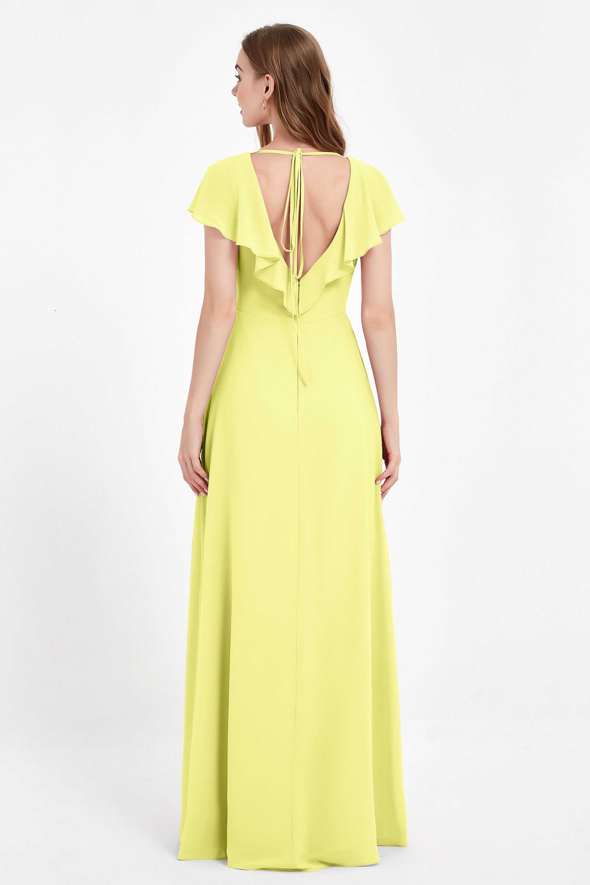 Deep V Neck Chiffon Bridesmaid Dress Flutter Sleeves Formal Evening Dresses Gowns with Slit