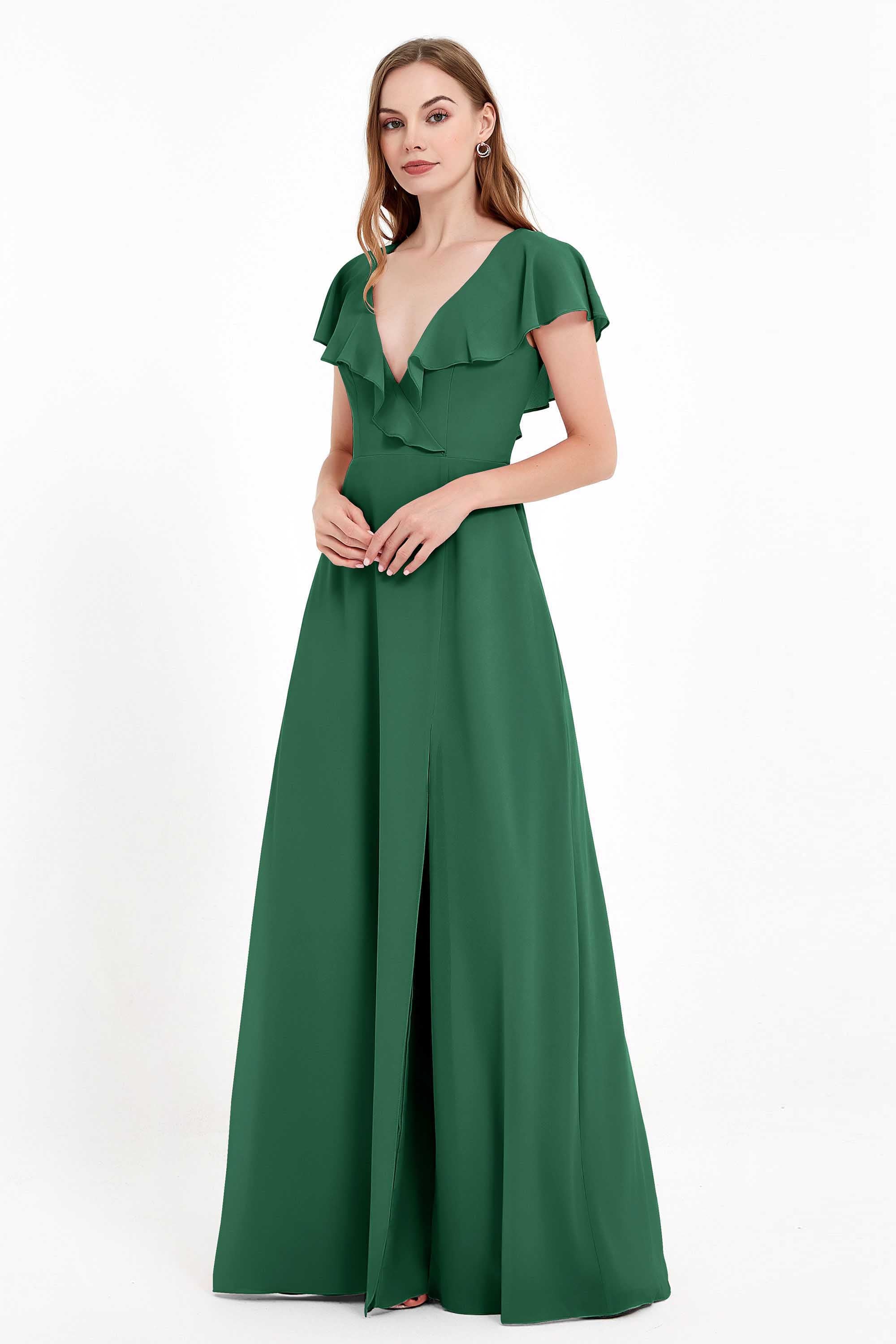 Deep V Neck Chiffon Bridesmaid Dress Flutter Sleeves Formal Evening Dresses Gowns with Slit