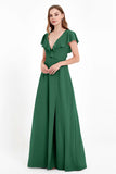 Deep V Neck Chiffon Bridesmaid Dress Flutter Sleeves Formal Evening Dresses Gowns with Slit