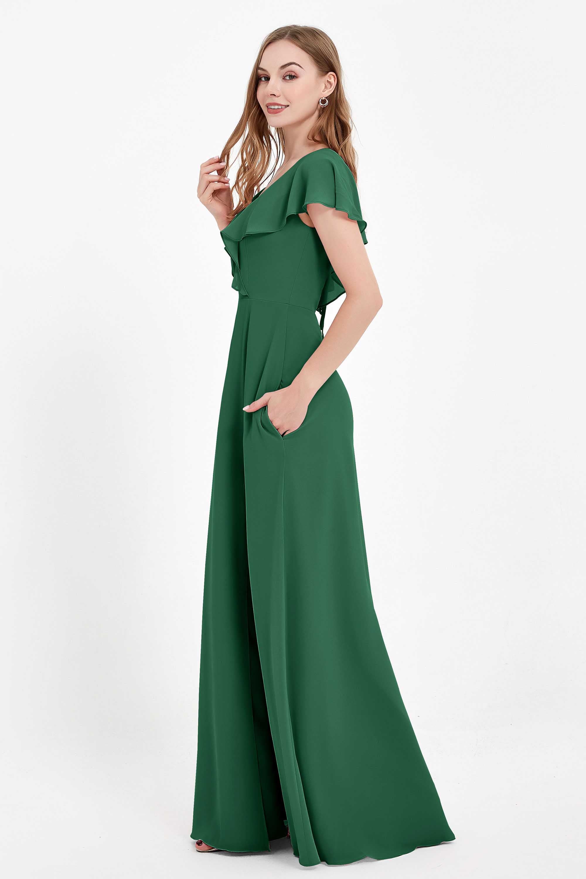 Deep V Neck Chiffon Bridesmaid Dress Flutter Sleeves Formal Evening Dresses Gowns with Slit