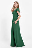 Deep V Neck Chiffon Bridesmaid Dress Flutter Sleeves Formal Evening Dresses Gowns with Slit
