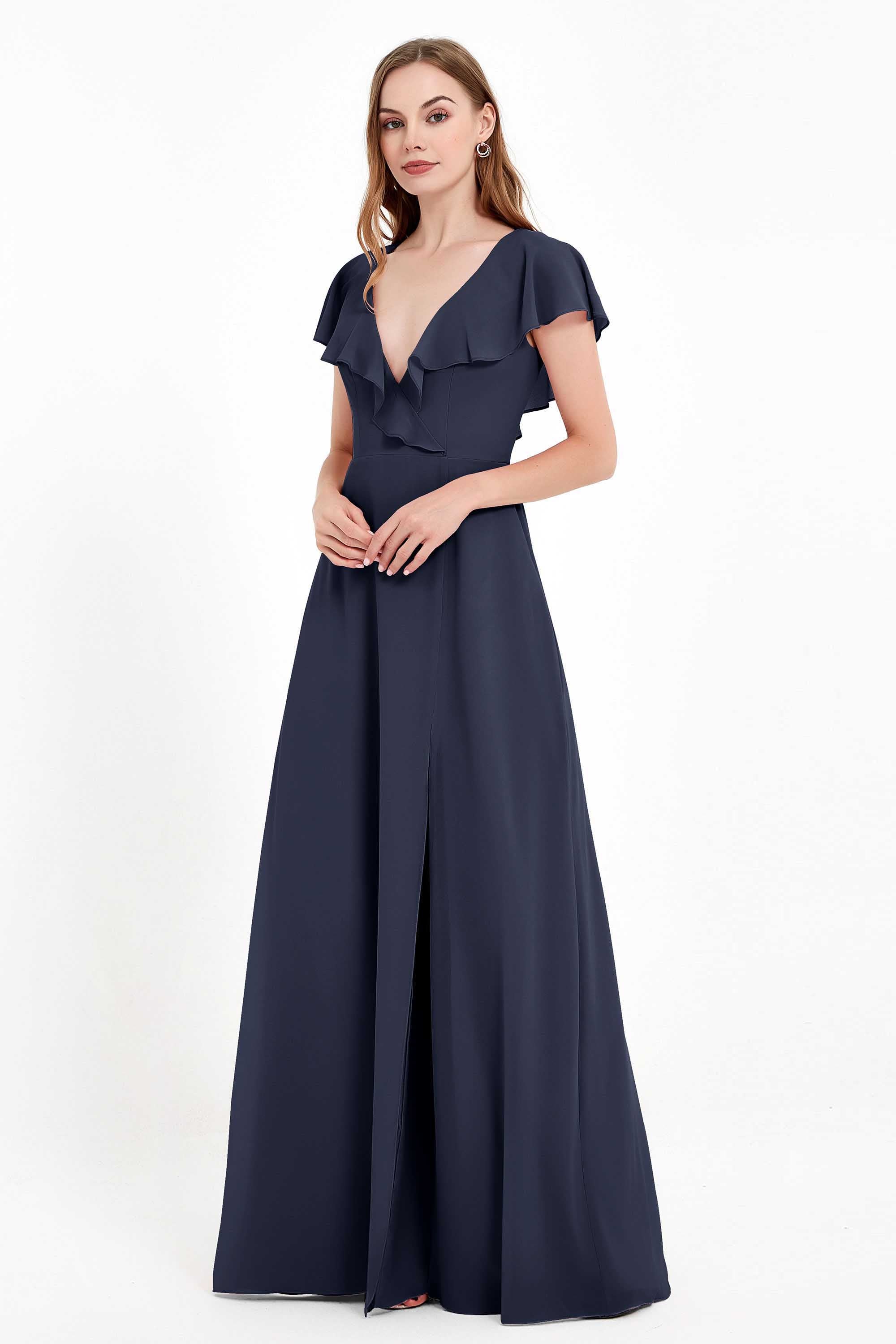 Deep V Neck Chiffon Bridesmaid Dress Flutter Sleeves Formal Evening Dresses Gowns with Slit