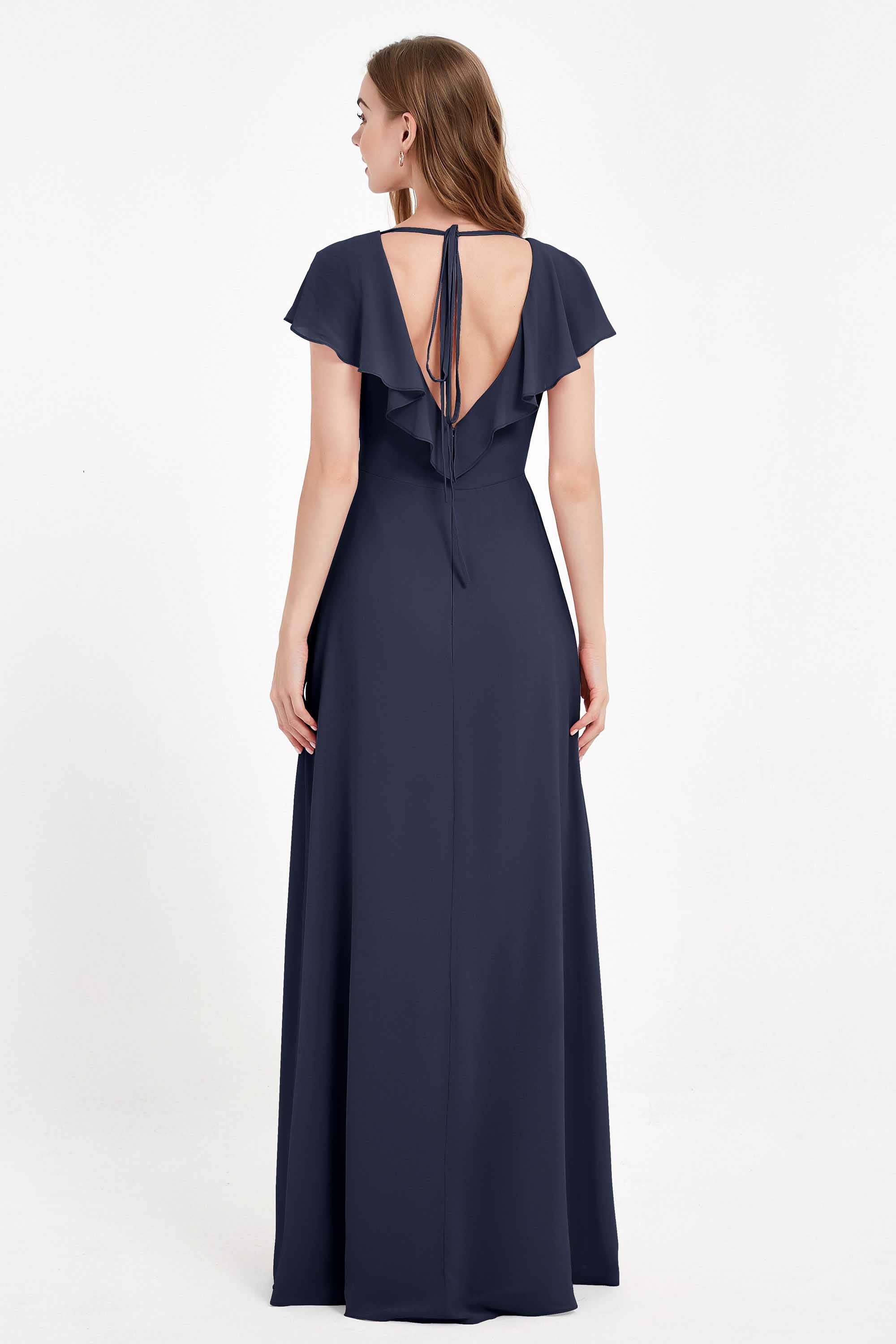 Deep V Neck Chiffon Bridesmaid Dress Flutter Sleeves Formal Evening Dresses Gowns with Slit