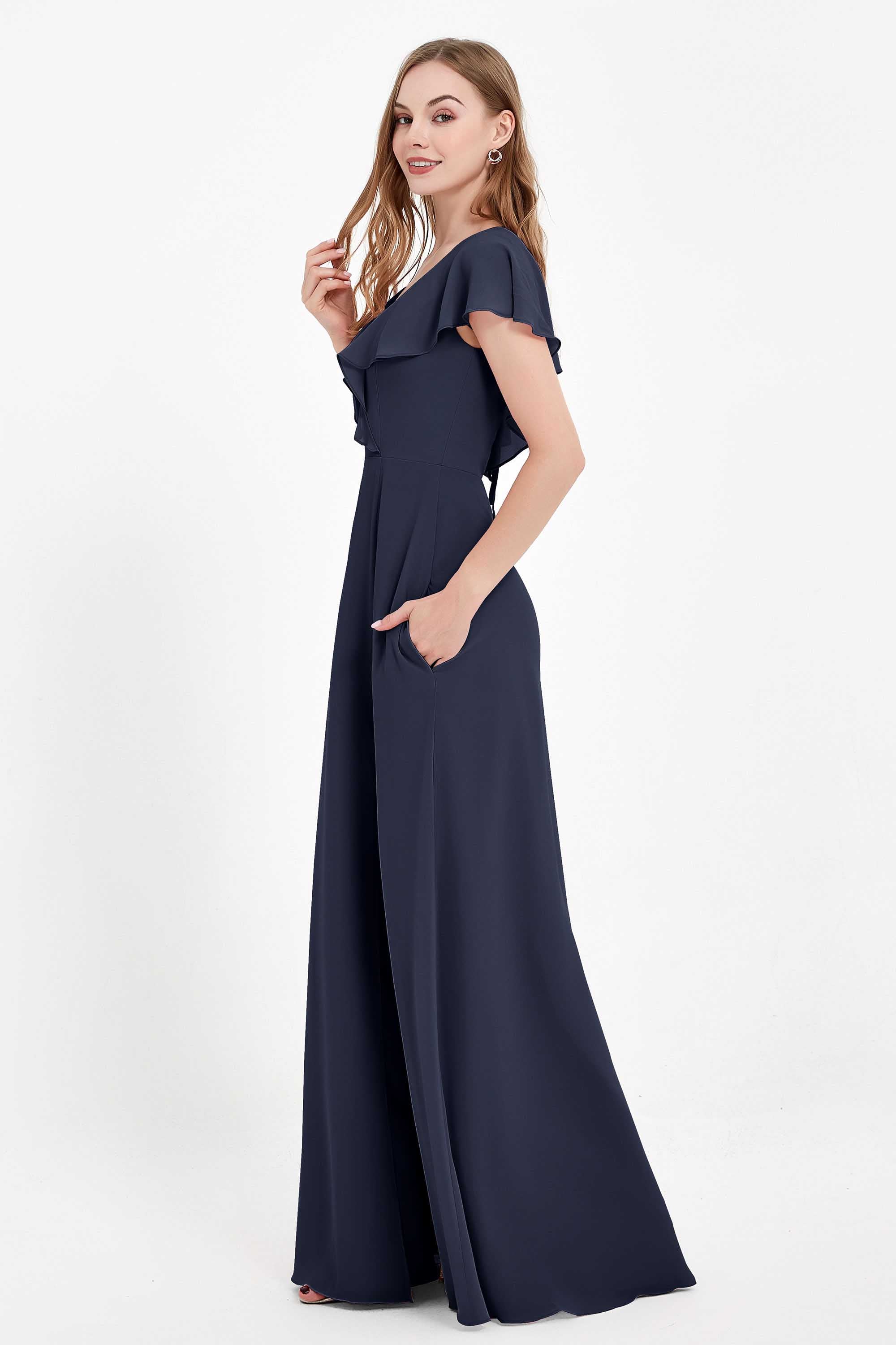 Deep V Neck Chiffon Bridesmaid Dress Flutter Sleeves Formal Evening Dresses Gowns with Slit