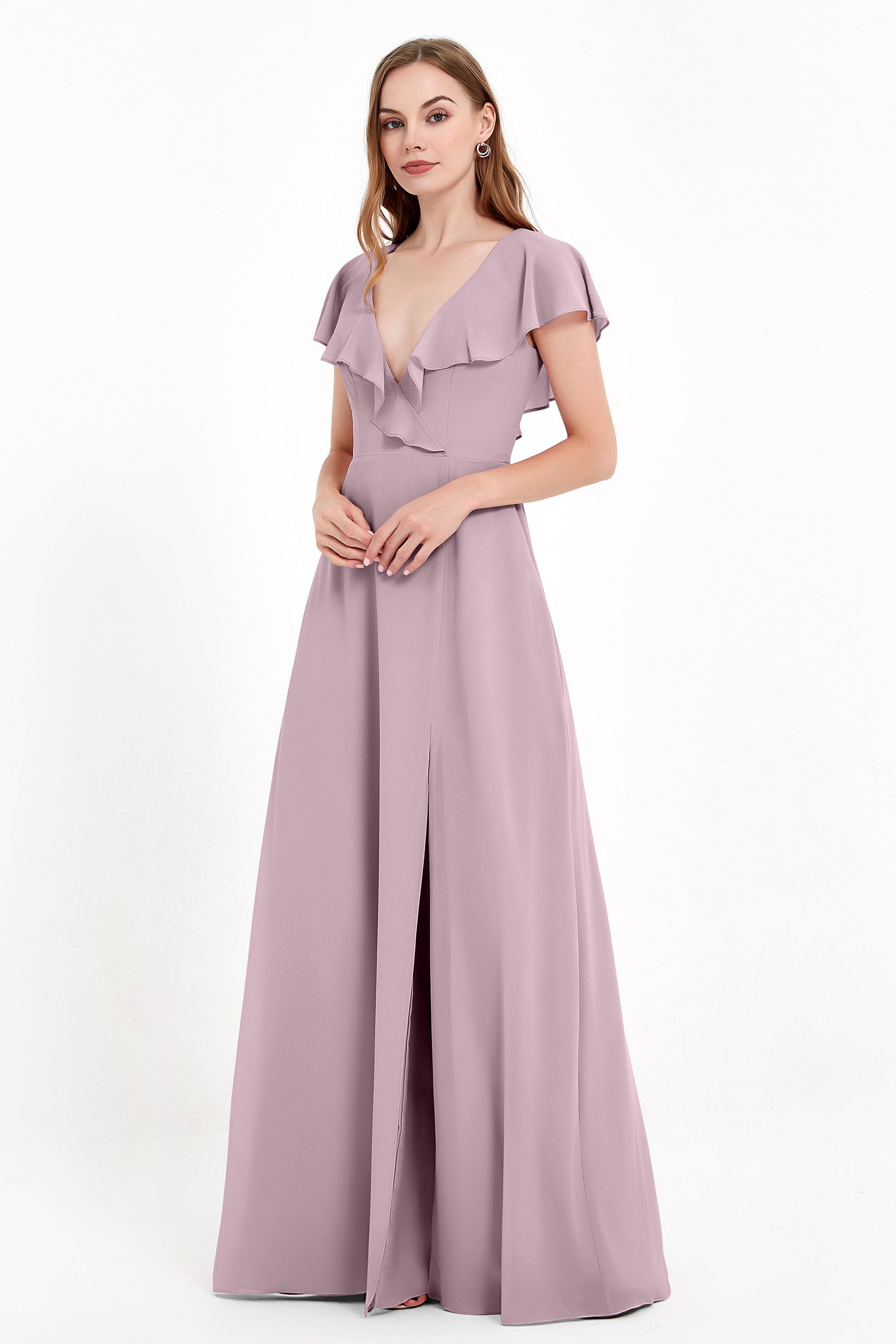 Deep V Neck Chiffon Bridesmaid Dress Flutter Sleeves Formal Evening Dresses Gowns with Slit