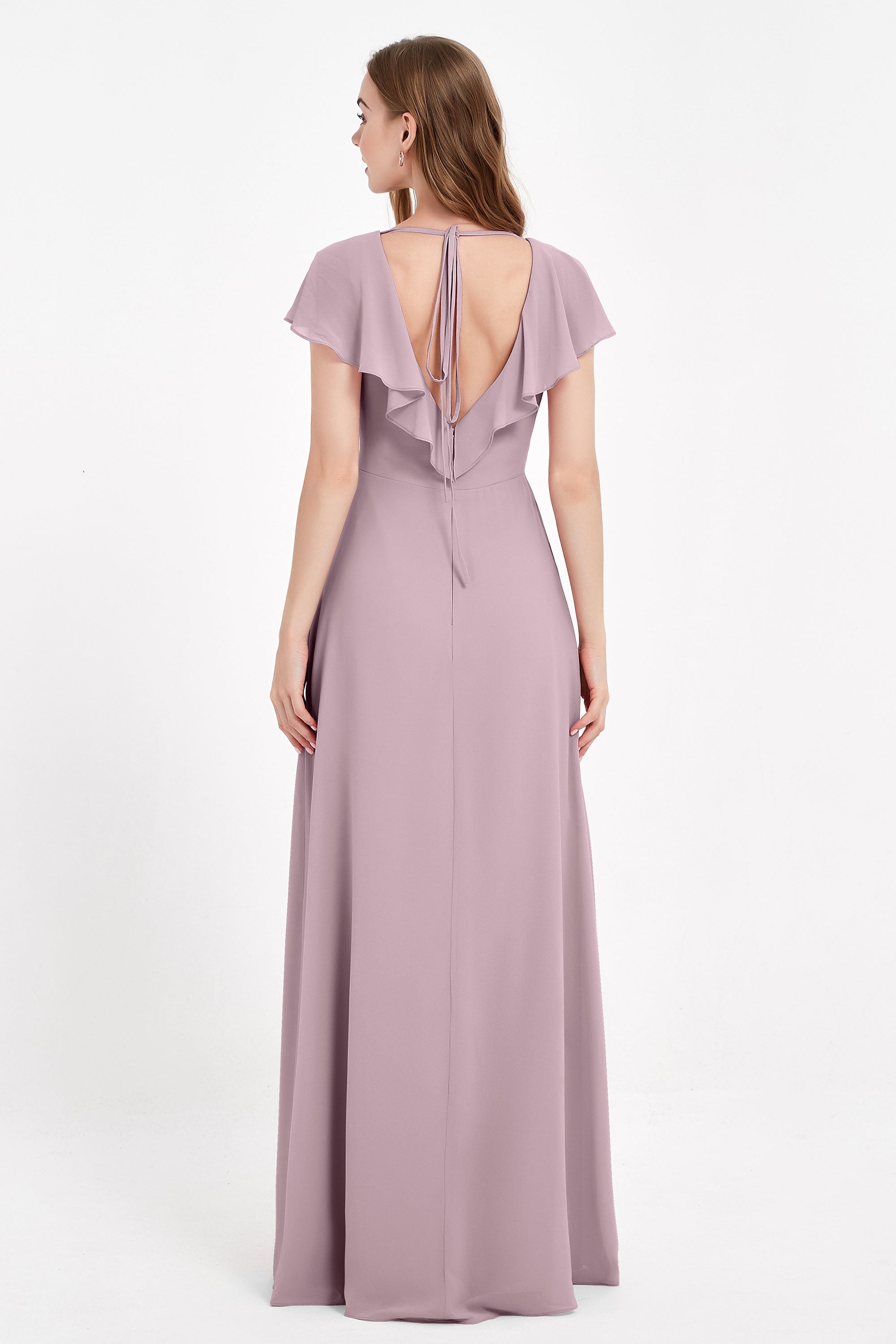 Deep V Neck Chiffon Bridesmaid Dress Flutter Sleeves Formal Evening Dresses Gowns with Slit