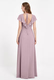 Deep V Neck Chiffon Bridesmaid Dress Flutter Sleeves Formal Evening Dresses Gowns with Slit