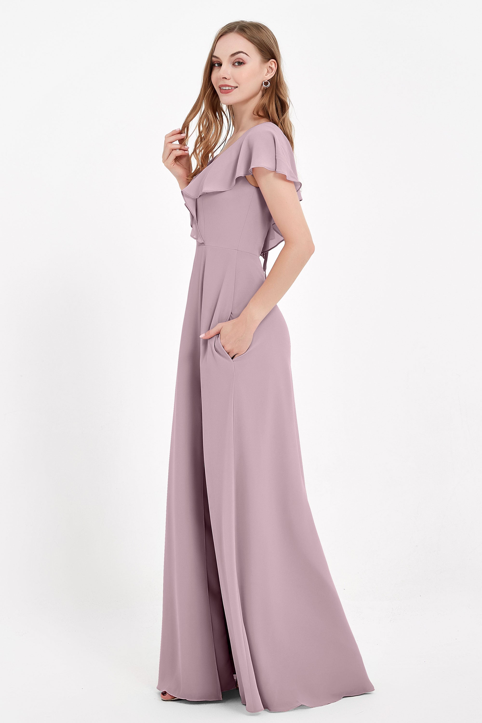 Deep V Neck Chiffon Bridesmaid Dress Flutter Sleeves Formal Evening Dresses Gowns with Slit