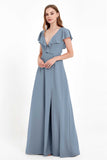Deep V Neck Chiffon Bridesmaid Dress Flutter Sleeves Formal Evening Dresses Gowns with Slit