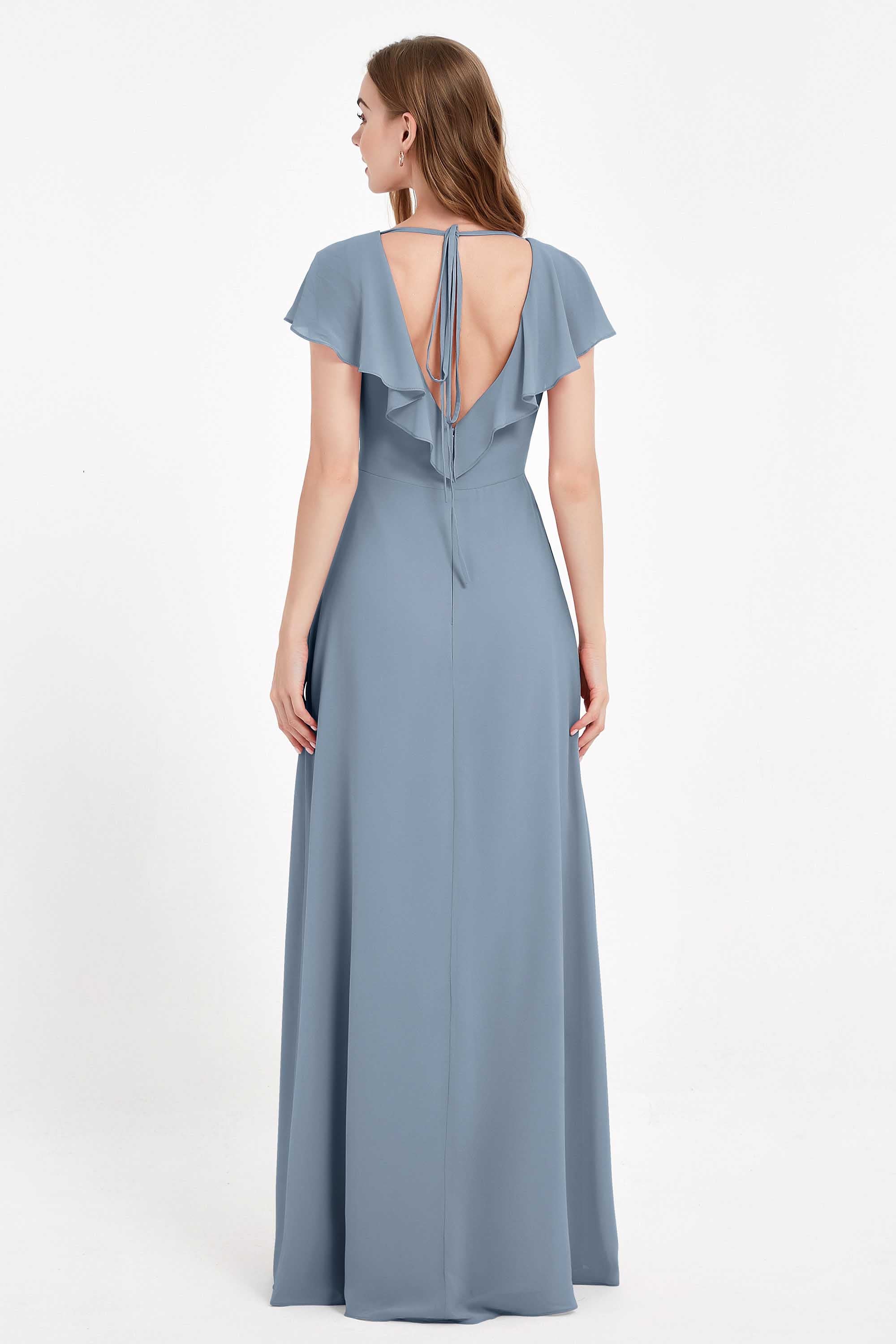 Deep V Neck Chiffon Bridesmaid Dress Flutter Sleeves Formal Evening Dresses Gowns with Slit