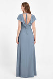 Deep V Neck Chiffon Bridesmaid Dress Flutter Sleeves Formal Evening Dresses Gowns with Slit