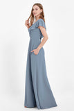 Deep V Neck Chiffon Bridesmaid Dress Flutter Sleeves Formal Evening Dresses Gowns with Slit