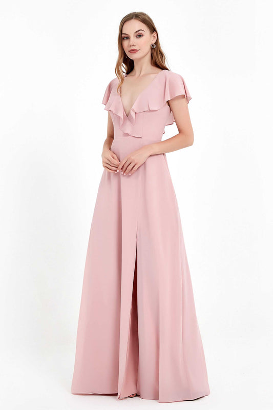 Deep V Neck Chiffon Bridesmaid Dress Flutter Sleeves Formal Evening Dresses Gowns with Slit