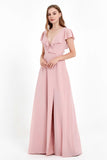 Deep V Neck Chiffon Bridesmaid Dress Flutter Sleeves Formal Evening Dresses Gowns with Slit
