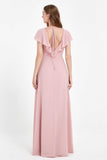 Deep V Neck Chiffon Bridesmaid Dress Flutter Sleeves Formal Evening Dresses Gowns with Slit