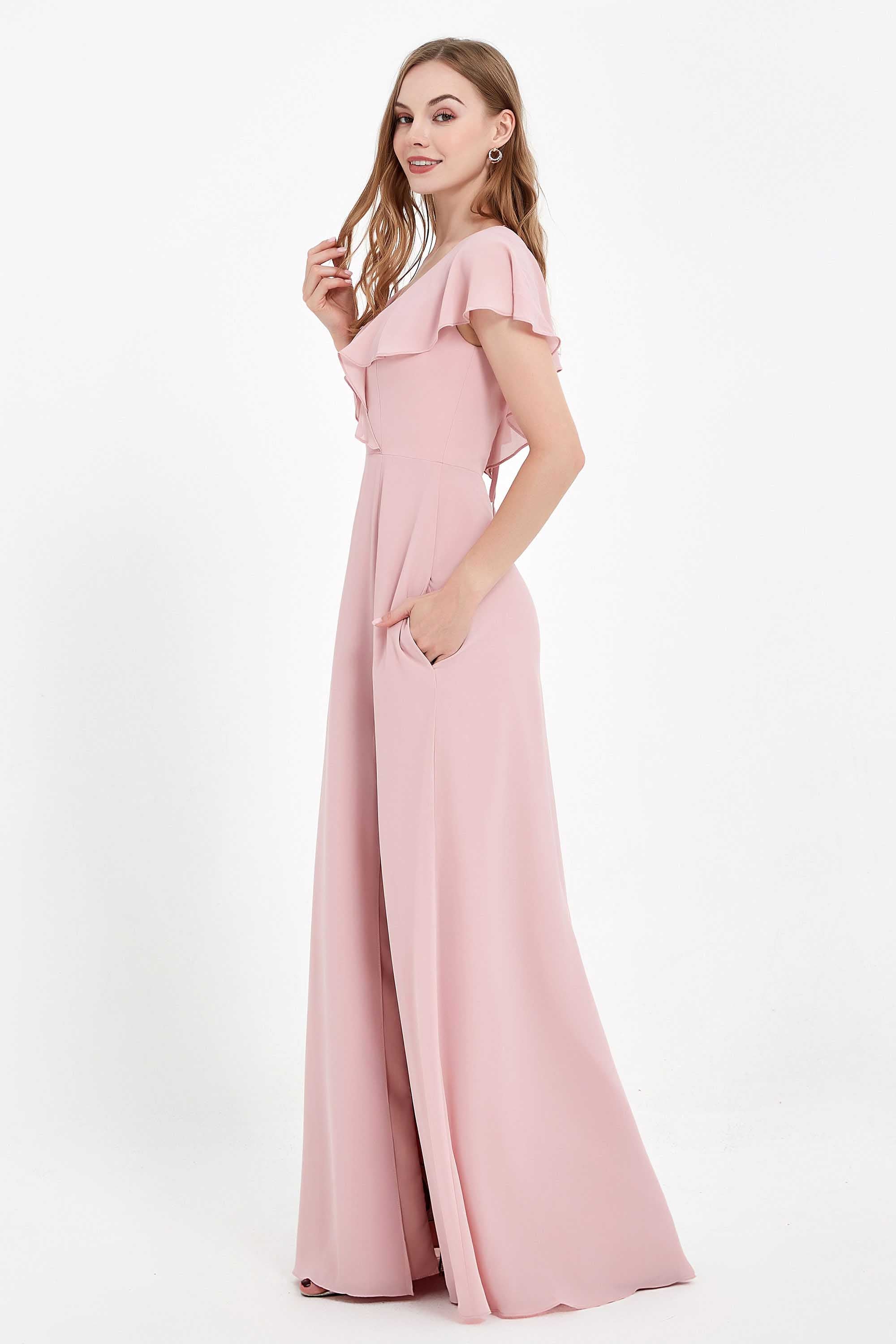 Deep V Neck Chiffon Bridesmaid Dress Flutter Sleeves Formal Evening Dresses Gowns with Slit