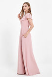 Deep V Neck Chiffon Bridesmaid Dress Flutter Sleeves Formal Evening Dresses Gowns with Slit