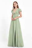 Deep V Neck Chiffon Bridesmaid Dress Flutter Sleeves Formal Evening Dresses Gowns with Slit