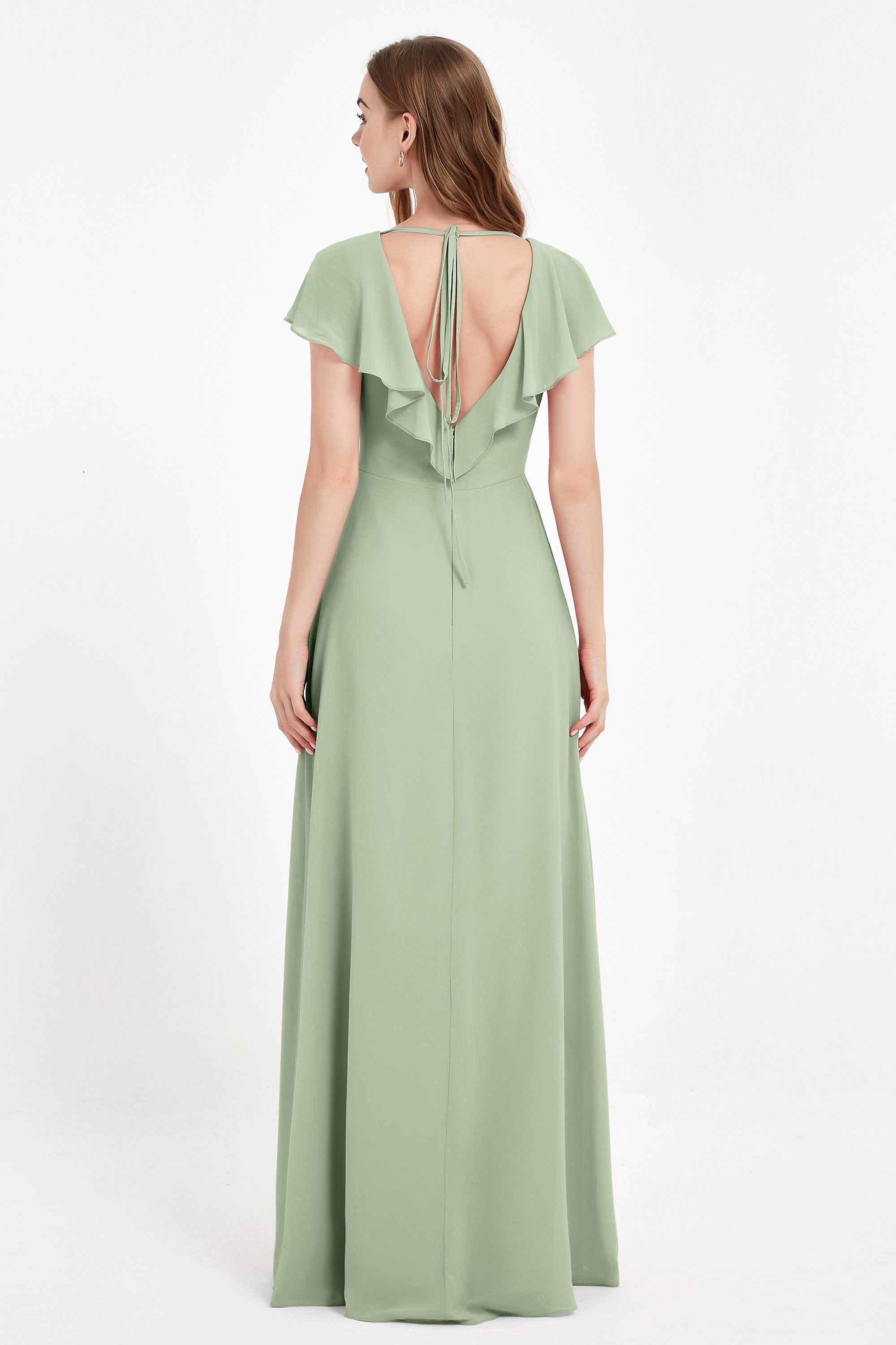 Deep V Neck Chiffon Bridesmaid Dress Flutter Sleeves Formal Evening Dresses Gowns with Slit